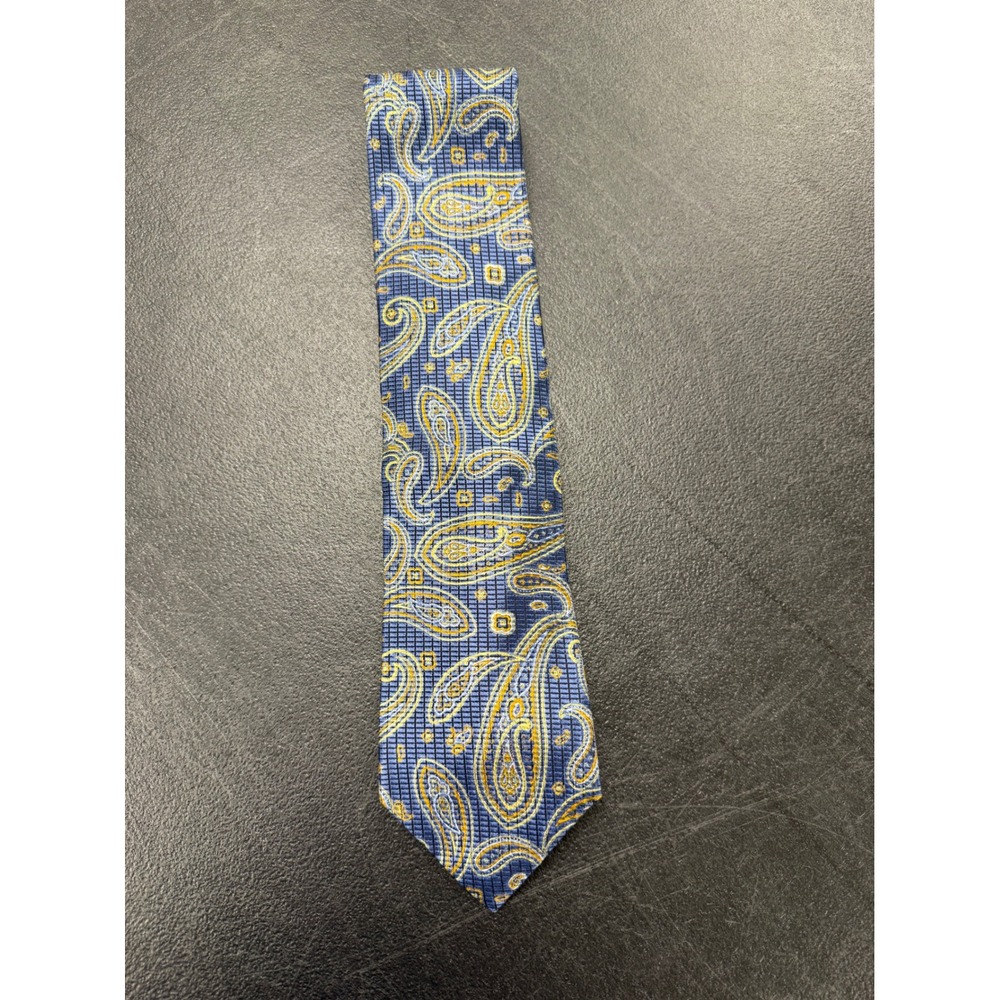 XMI Mens Blue Gold Paisley Silk Necktie Handmade USA Italian Fabric Tie